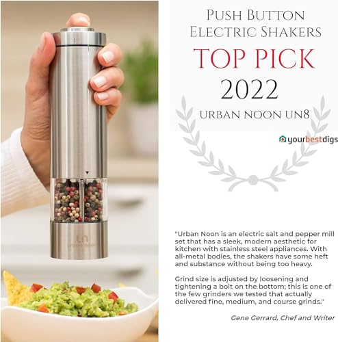 Electric Salt and Pepper Grinder Set - Battery Operated Stainless Steel Mill with Light (2 Black Mills) - Automatic One Handed Operation - Electronic Adjustable Shakers - Ceramic Grinders
