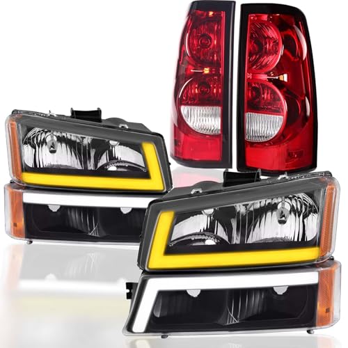Headlights Assembly +Tail Lights Assembly Combo compatible with 2003-2006 Chevy Silverado, LED DRL Headlight Assembly w/OE Style Taillights