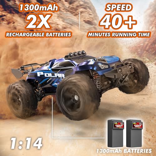 Rc Cars 1:14 All Terrain RC Car for Adults & Boys, 4WD Off-Road RC Truck High Speed Fast 40+ KPH, 4X4 Waterproof Remote Control Car with 2 Rechargeable 1300 mAh Batteries