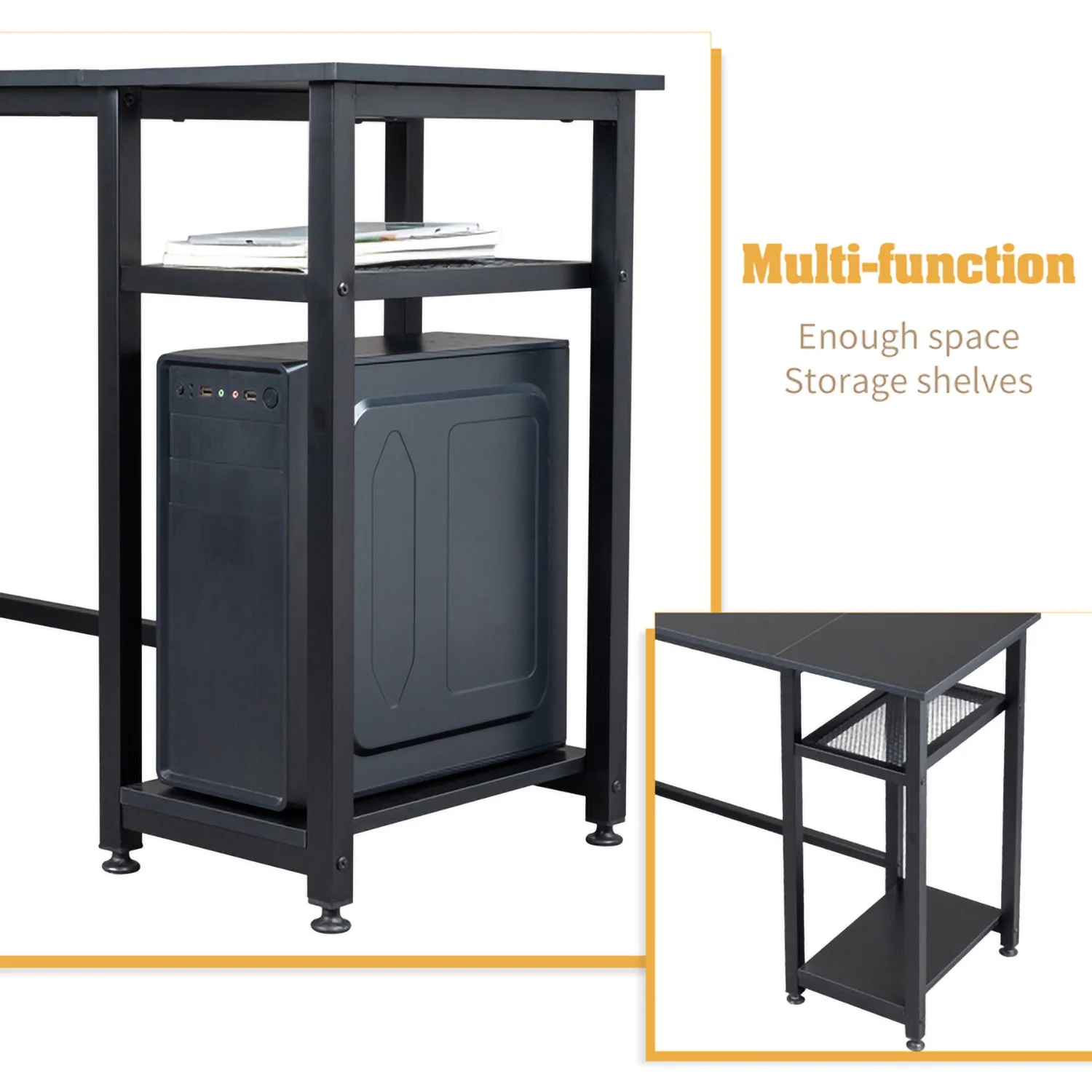 RUseeN L-Shaped Desktop Computer Desk with Power Outlets & Shelf Tiger Black