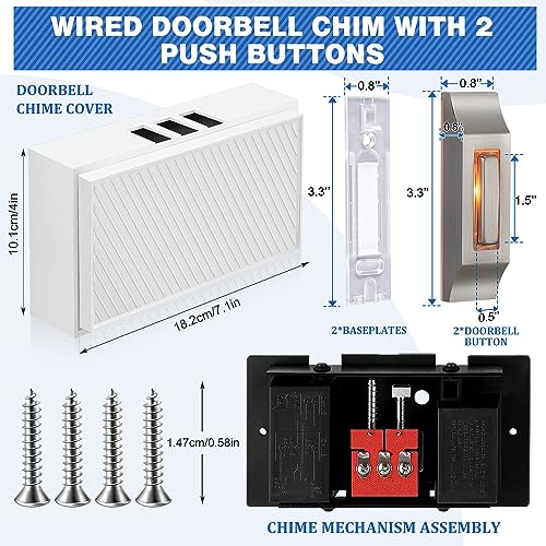 Saillong Wired Doorbell Chime Kit with 2 Lighted Metal Push Buttons, 16V 10VA 2 Sounds Front and Rear Door Chime Kit for Home Wall Inside, Compatible with Most Brand Doorbells, Silver(Striped Style)