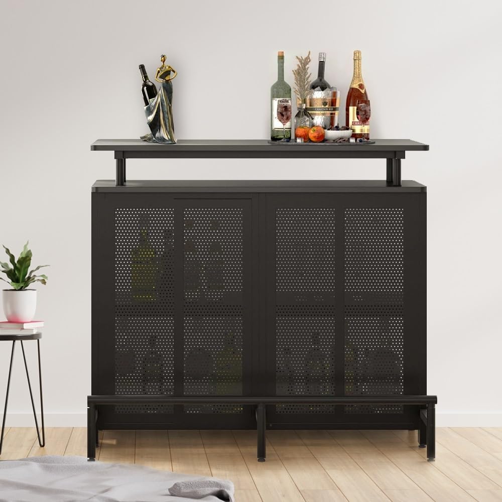 Industrial Liquor Bar Table, Portable Bar, Home Bar Unit Cabinet, Industrial 3-Tier Liquor Bar Table with Stemware Rack, Wine Bar Cabinet for Home Kitchen Pub