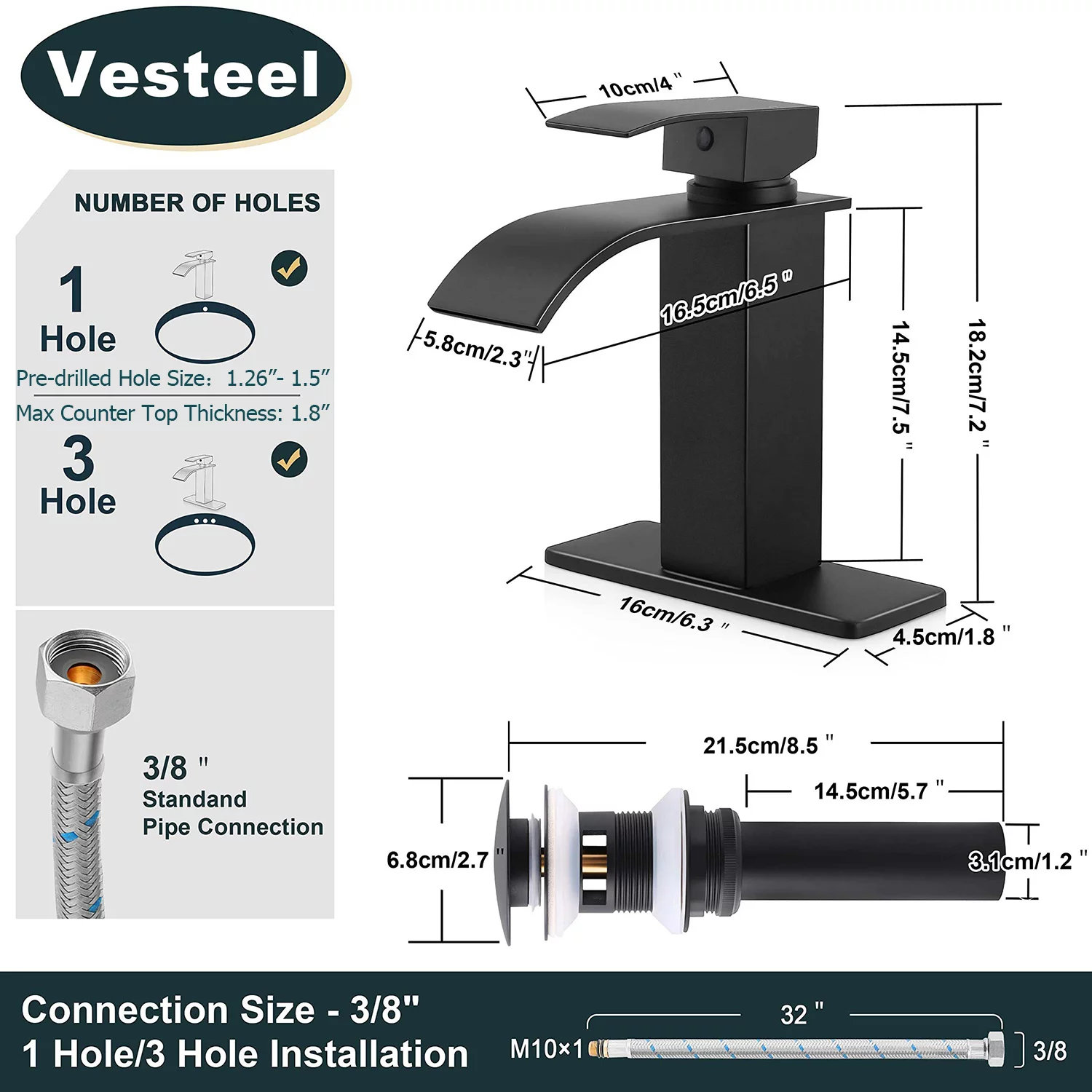 Vesteel Black Bathroom Faucet, 18/10 Stainless Steel Single Handle Waterfall Spout Bathroom Sink Faucet with Deck Plate and Pop-up Drain