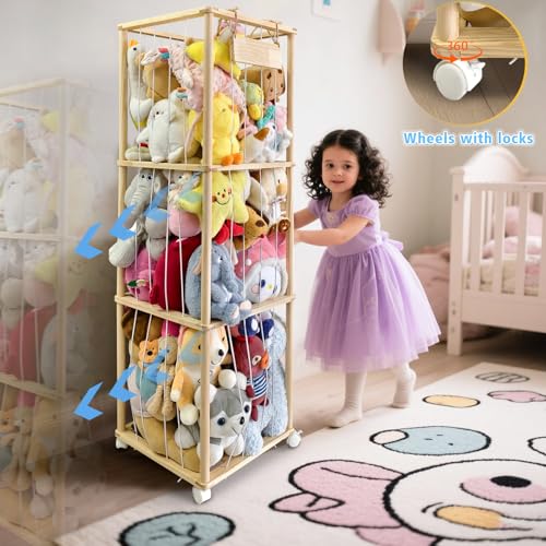 Wooden Stuffed Animal Storage Zoo Stuffed Animal Holder Plushie Storage Space Save Vertical Kids Toy Storage Organizer with Elastic Band for Nursery Playroom Kidroom Bedroom