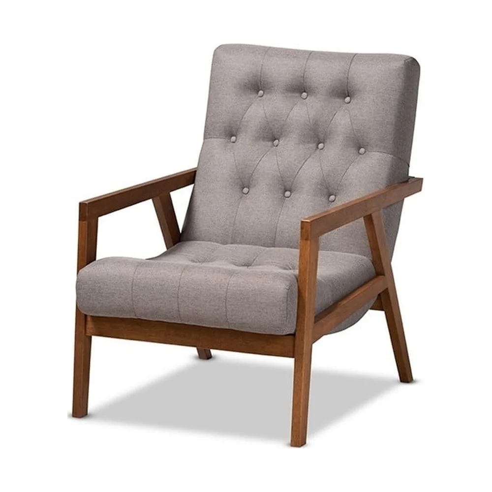 Baxton Studio Naeva Mid-Century Modern Grey Fabric Upholstered Walnut Finished Wood Armchair