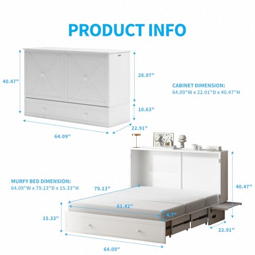 Mjkone Queen Size Murphy Bed with Tri-Folding Mattress, Charging Station, Modern Cabinet Bed with Drawers, Multifunctional Design Wall Murphy Beds for Living Room, Apartment (Cherry Pattern H)