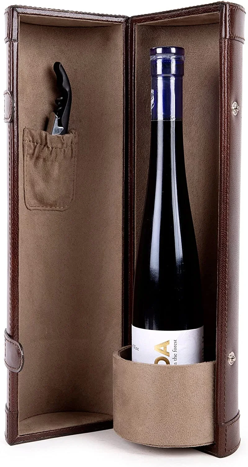 Genuine Leather Wine Carrier Case Accessories, Single Bottle Holder Best Gift for Wine Lover Party Wedding (Brown)