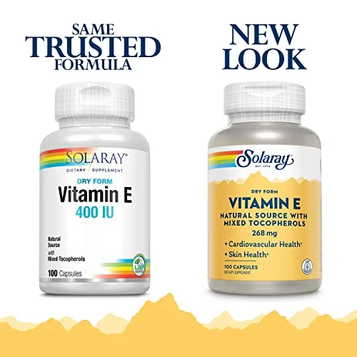 SOLARAY Vitamin E, Dry 400 IU w/Mixed Tocopherols Non-Oily Healthy Cardiac Function, Antioxidant Activity & Skin Health Support 100 Capsules