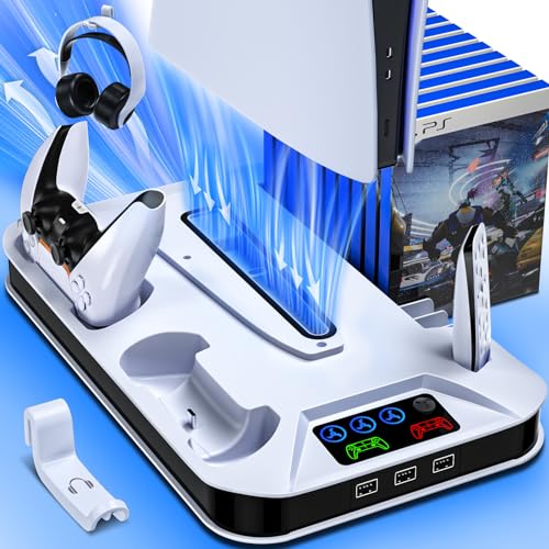 PS5/Slim/Pro Cooling Station with Controller Charging Station for Sony PSP Console Playstation 5 Slim&Standard Disc/Digital Console, PS5 Pro Stand Cooler Accessories Incl Cooling Fan/3 USB Hubs