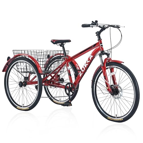 Adult Tricycle Bike,7-Speed Mountain Tricycle,26-Inch 3 Wheels,Comfortable Widen Saddle,Rear Integrated Shopping Basket