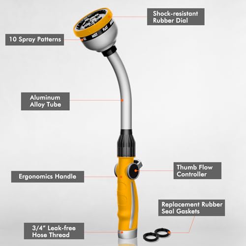 RESTMO Watering Wand Heavy Duty, Metal Garden Hose Wand with 10 Spray Patterns, 15-Inch Long Hose Nozzle Sprayer with Thumb Flow Control, Ideal to Water Hanging Baskets and Shrubs