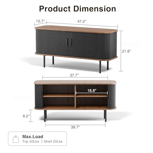 47''W Black Cabinet with Storage, Media Console, Tambour TV Stand, Television Stands with Curvy Edge & Sliding Door, Fluted Cabinet, Buffet Sideboard, Credenza, Table Stand for Living Room, Kitchen