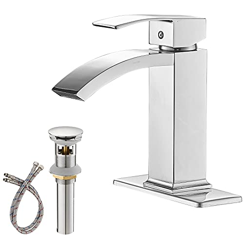 Brushed Nickel Vessel Sink Faucet, Waterfall Bathroom Faucets, Tall Spout Single Handle Single Hole Bathroom Faucets with Pop Up Drain and Without Overflow Basin Faucet Supply Line