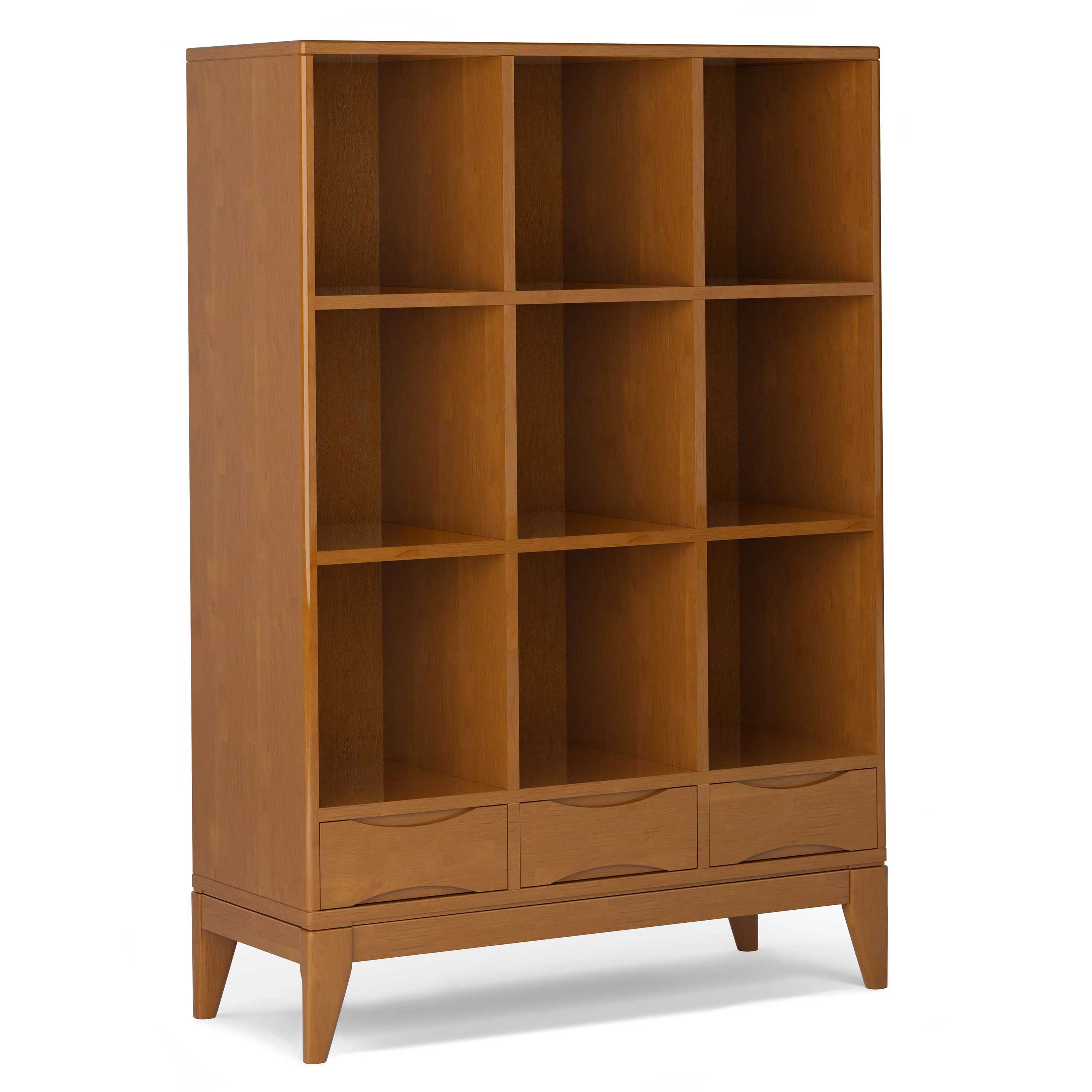 Simpli Home Harper SOLID HARDWOOD 58 inch x 42 inch Mid Century Modern Cube Storage Bookcase with Drawers in Teak Brown