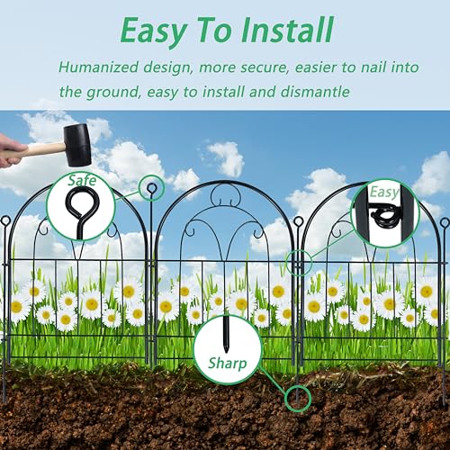Decorative Garden Fence Border 10 Panels, 21in x 11ft Rustproof Metal No Dig Fence Animal Barrier for Dog, Arched Flower Bed Edging Section Panel Fencing for Yard Landscape Patio Outdoor Decor, Black