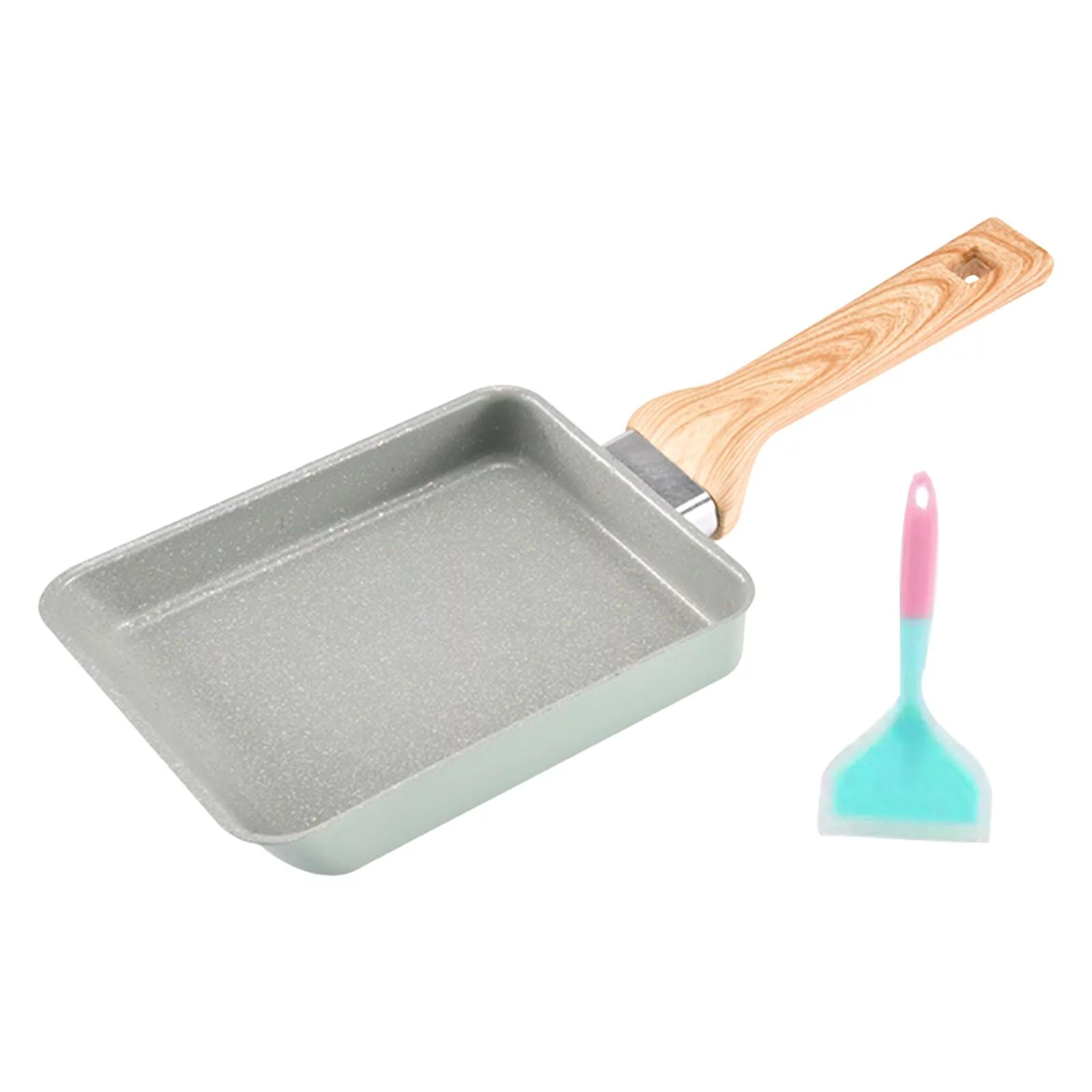 Japanese Omelette Scratch Bottom Coating Rectangle Steak Skillet Handle Egg Tops , Green with Spatula