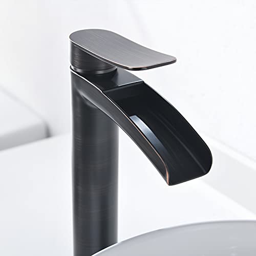Phiestina Brushed Gold Tall Bathroom Vessel Sink Faucet, Single Hole Single Handle Waterfall Modern Bathroom Faucet, with Pop Up Drain and Water Supply Line, NS-SF01-BG-V