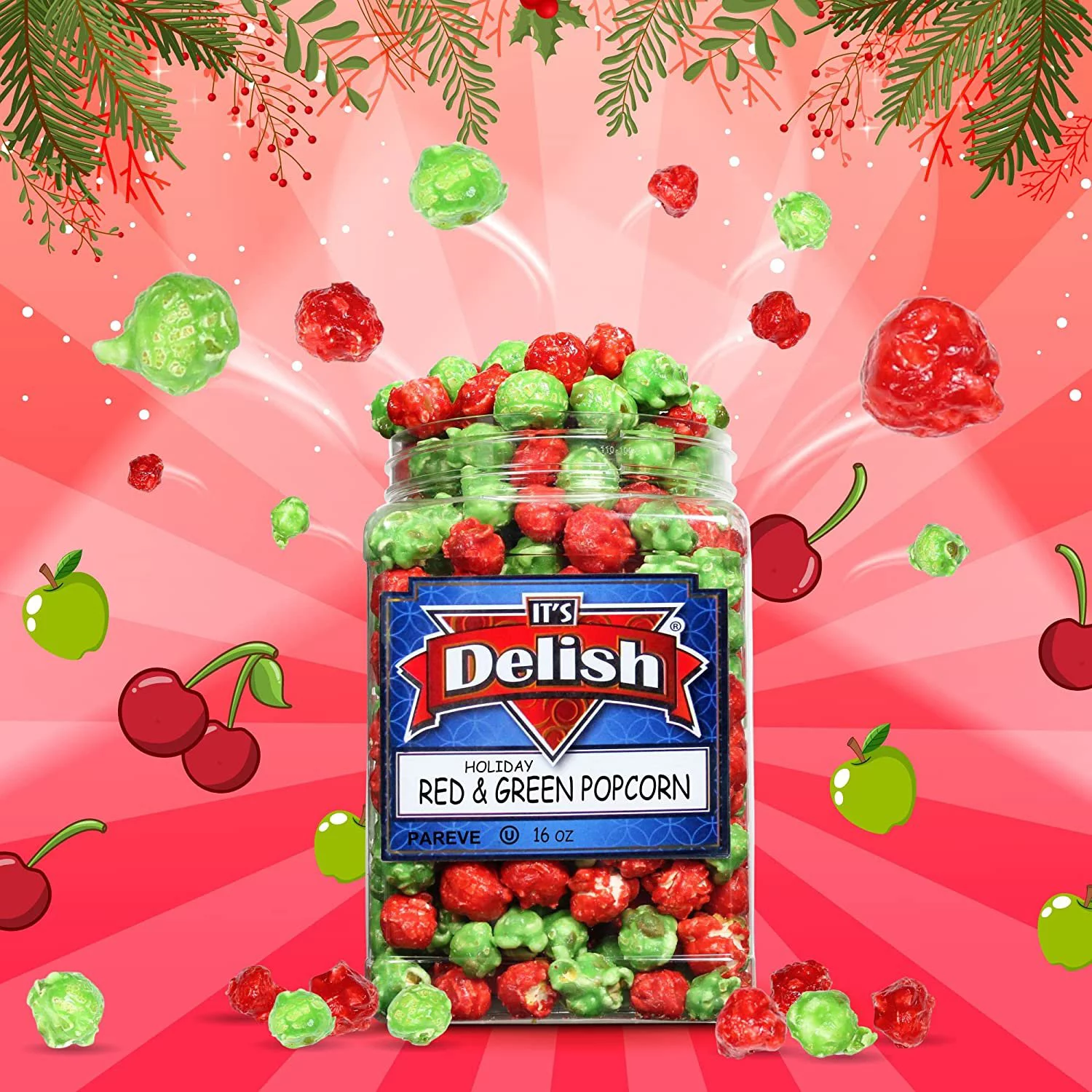 Holiday Red & Green Popcorn by It's Delish, 16 Oz Jumbo Container