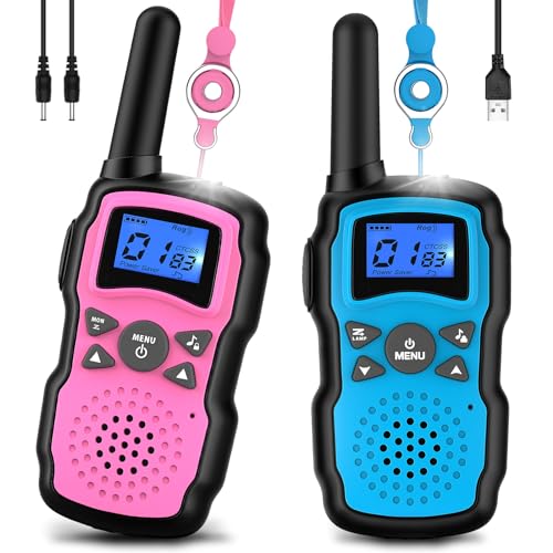 Wishouse Walkie Talkies for Kids Rechargeable with USB Charger 6000mAh Battery,Outdoor Camping Games with Flashlight Lanyard,Toys for Girls,Halloween Xmas Birthday Gift for Children 2 Pack Pink Purple