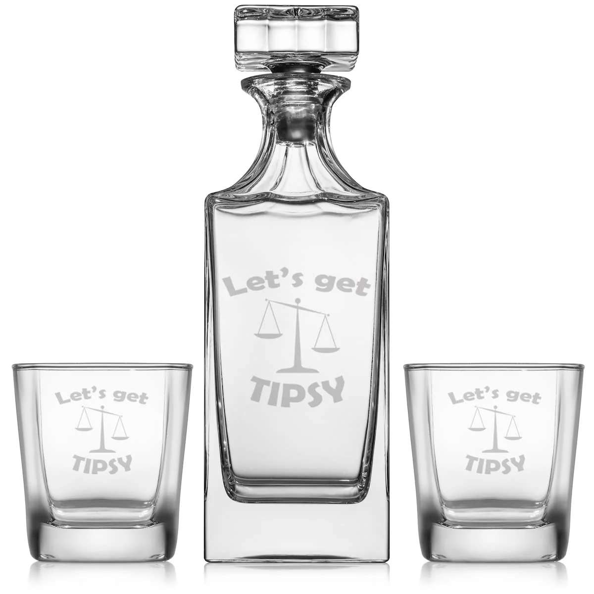 Whiskey Decanter Gift Set With 2 Whiskey Old Fashioned Rocks Glasses Let's Get Tipsy Scales Of Justice Lawyer Paralegal Law Student School Funny