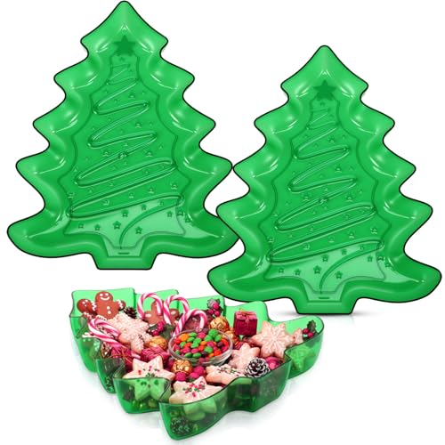 2 Pcs Christmas Tree Shaped Serving Tray Plastic Green Christmas Serving Platter Reusable Xmas Snack Tray Food Holder Appetizer Platter for Winter Xmas Themed Party Supplies Home Decoration