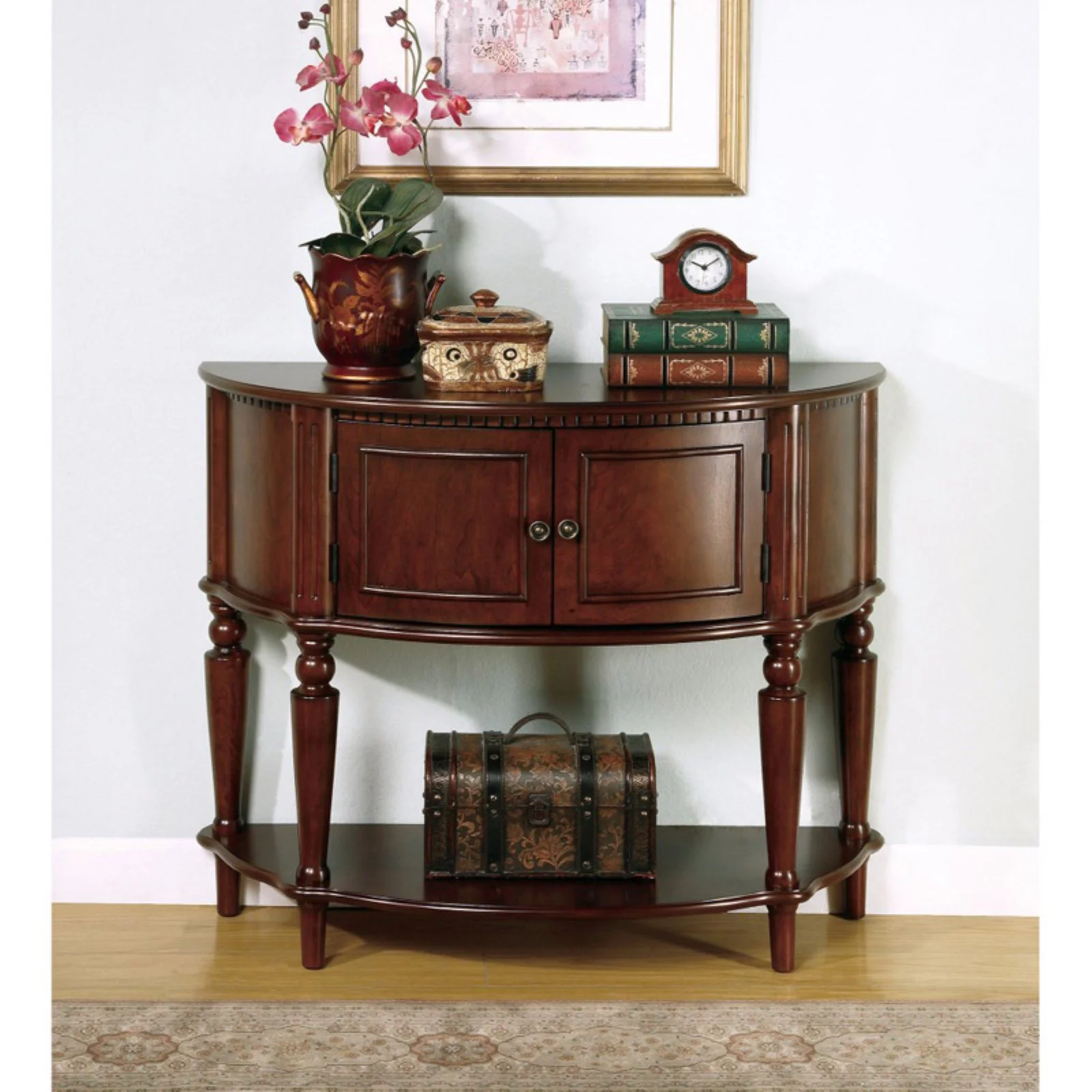 Benzara Wooden Console Table with Curved Front and Inlay Shelf