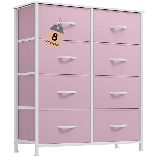 DWVO Fabric Dresser for Bedroom, Tall Storage with 8 Drawers, Pink Chest of Drawers, Storage Drawer Organizer for Closet (Begonia Pink)