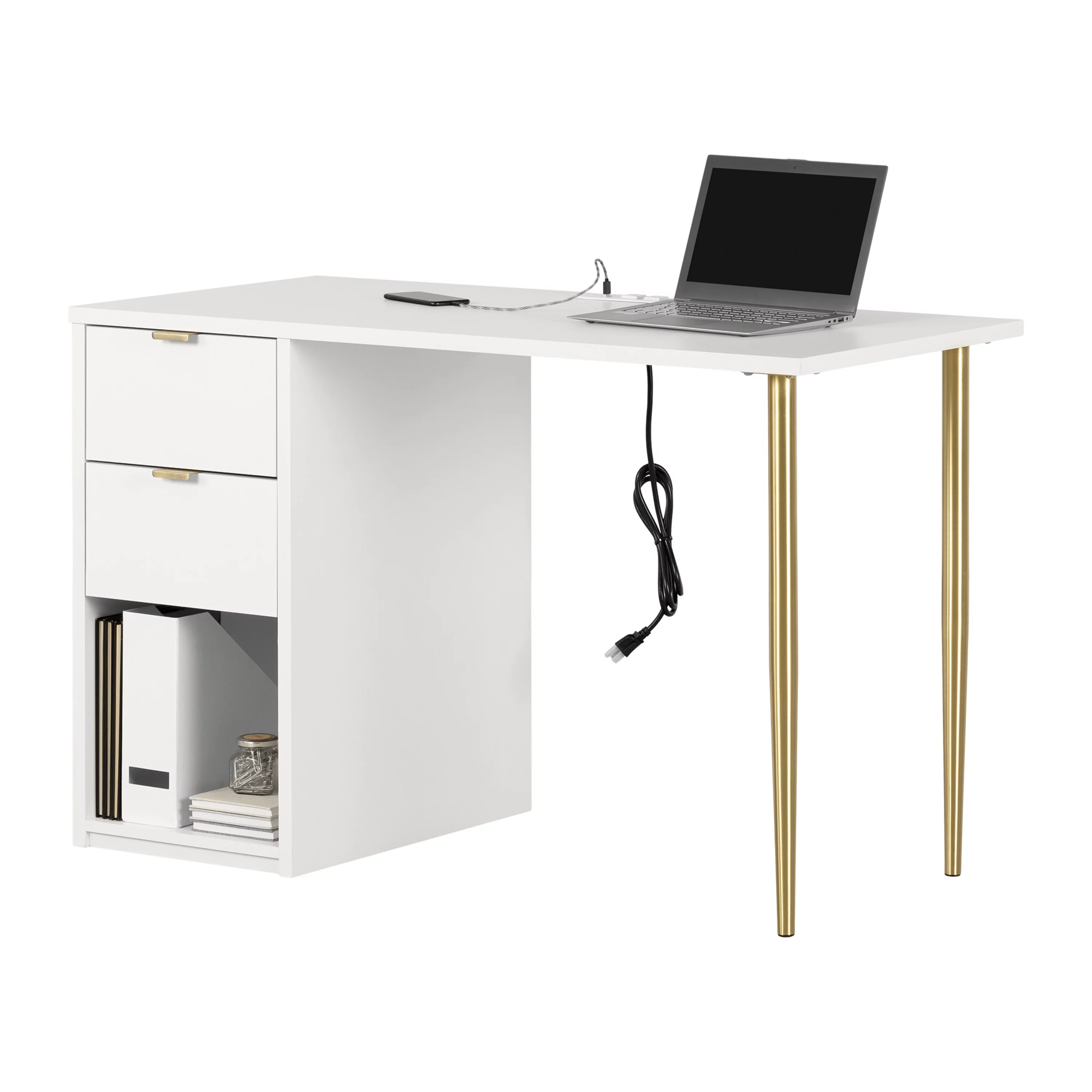 South Shore Amyra, Mid-century Glam Computer Desk, Pure White