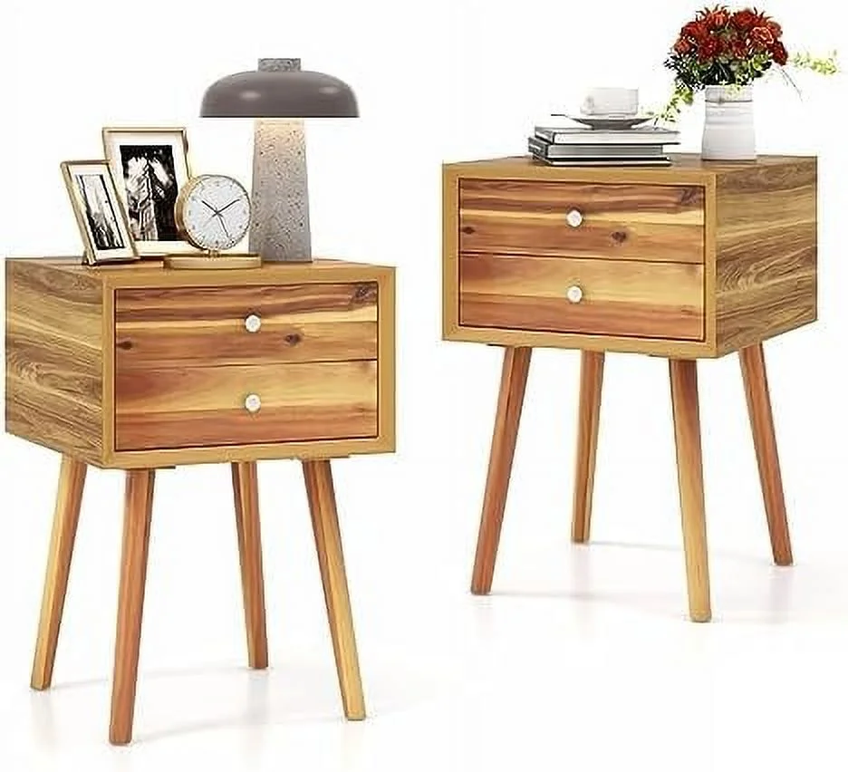 RUNFAYBIU Nightstand with 2 Drawers  Small Wooden   Mid Century Modern Bedside Table with   Compact End Table for Living Room  Bedroom  Easy Assembly  White