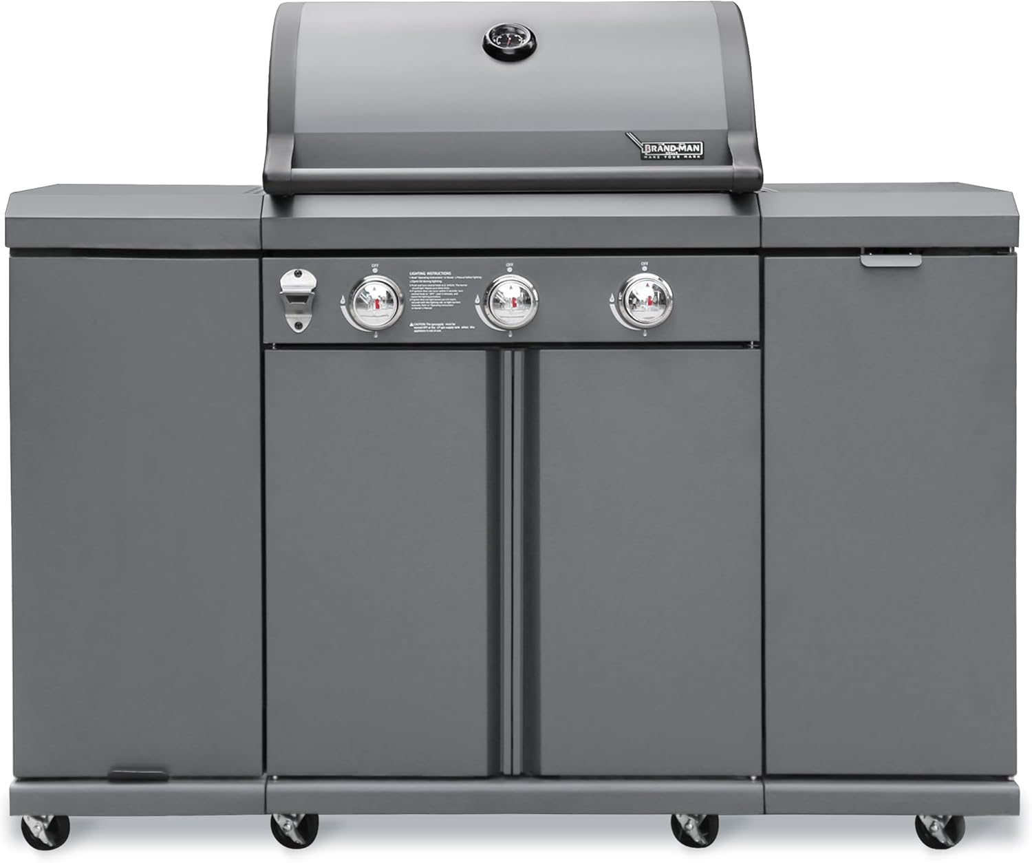 Brand-Man 3-Burner Propane Gas BBQ Grill, Stainless Steel Cabinet Style Grill 30000 BTU for Outdoor Cooking Kitchen Island and Patio Backyard Barbecue with Fold-out Prep Table, Gray