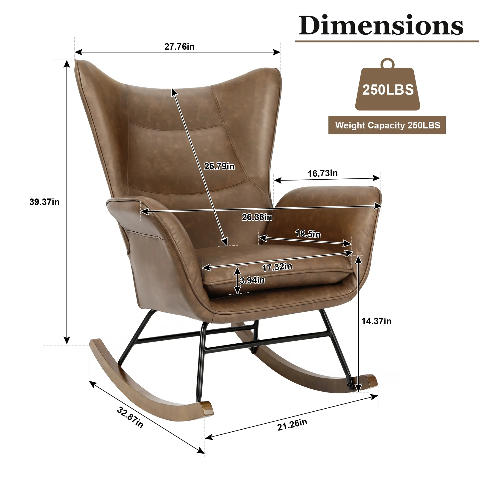 Rocker Glider Chair PU Leather Modern Rocking Chair with Wooden Base High Backrest and Armrests Padded Seat Comfy Upholstered Accent Chair for Living Room Bedroom Office Brown