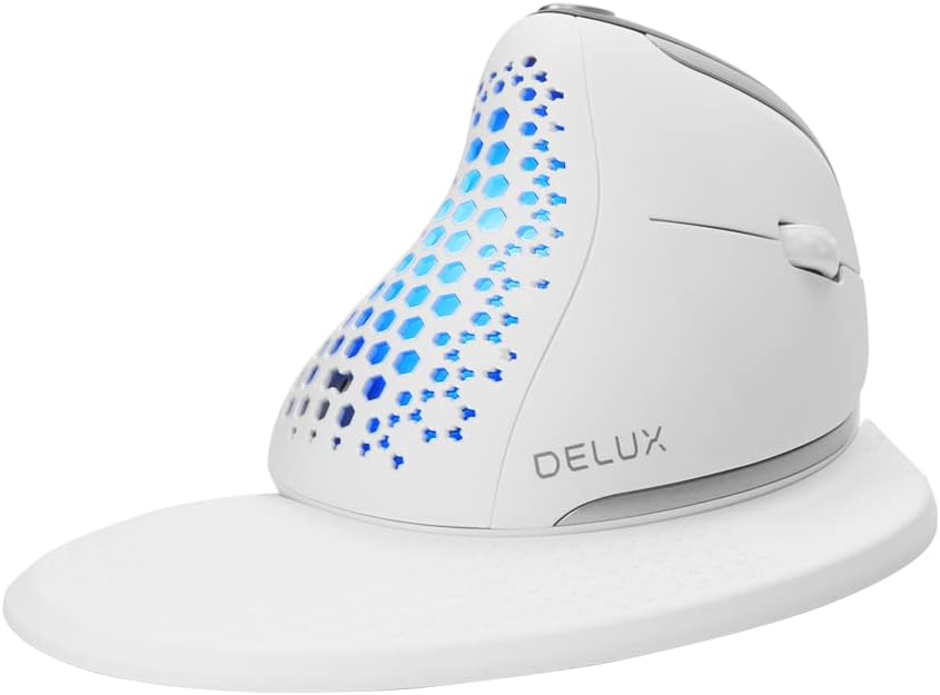 DELUX Seeker Wireless Ergonomic Vertical Mouse with OLED Screen, BT and USB Receiver, Connect with Up to 4 Devices, Thumb Wheel, 7200DPI, Programmable Rechargeable Optical Mouse(M618SXD-White)