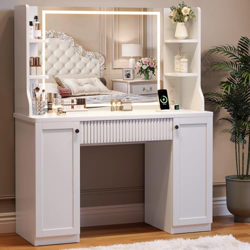 Fluted Makeup Vanity Desk with Mirror and Lights, Makeup Vanity Table with Power Outlet, Dressing Table with Storage, Adjustable Shelves, Touch Control, Modern White Vanity Desk with Lights