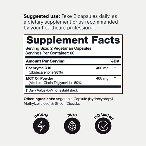 Ultra High Purity CoQ10 400mg - 98% Purified Third-Party Tested CoQ10 Supplement with MCT Oil for Added Bioavailability - High Absorption Coenzyme Q10 -Bioavailable Supplement -60 Veggie Capsules TQ