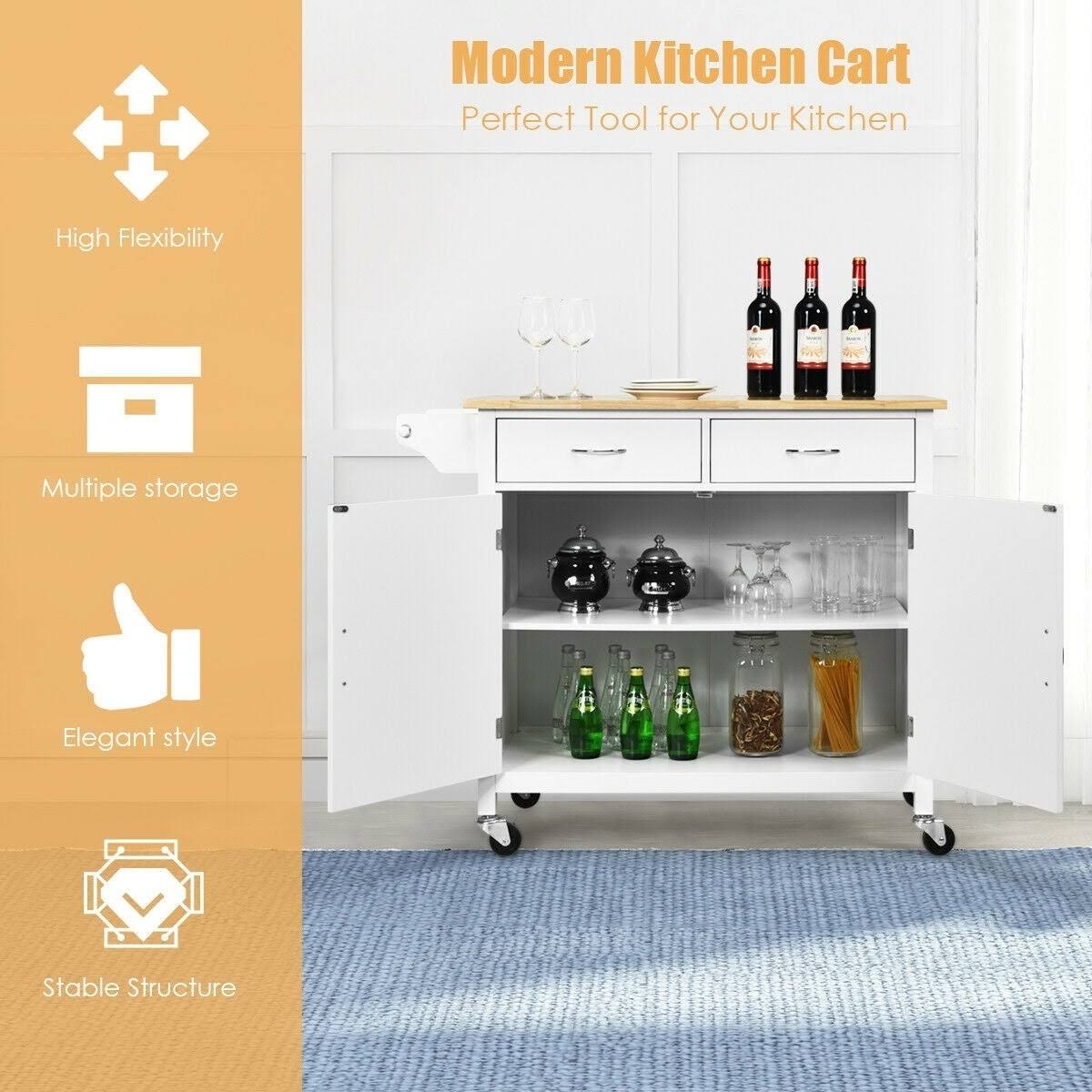 Modern Rolling Kitchen Cart Island with Wooden Top - White
