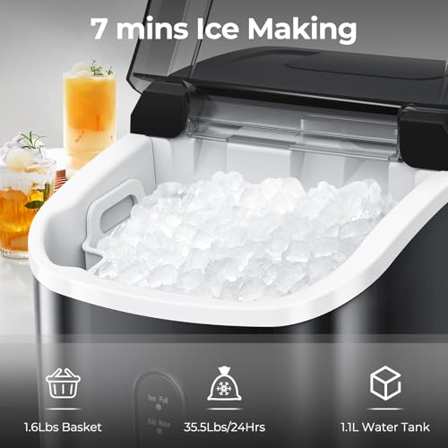 Nugget Ice Makers Countertop with Soft Chewable Pellet Ice, 7 Mins Ice Making, 35.5Lbs/24Hrs, Pebble Ice Maker Machine with Self-Cleaning/Ice Basket/Ice Scoop for Home/Office/Bar, Black