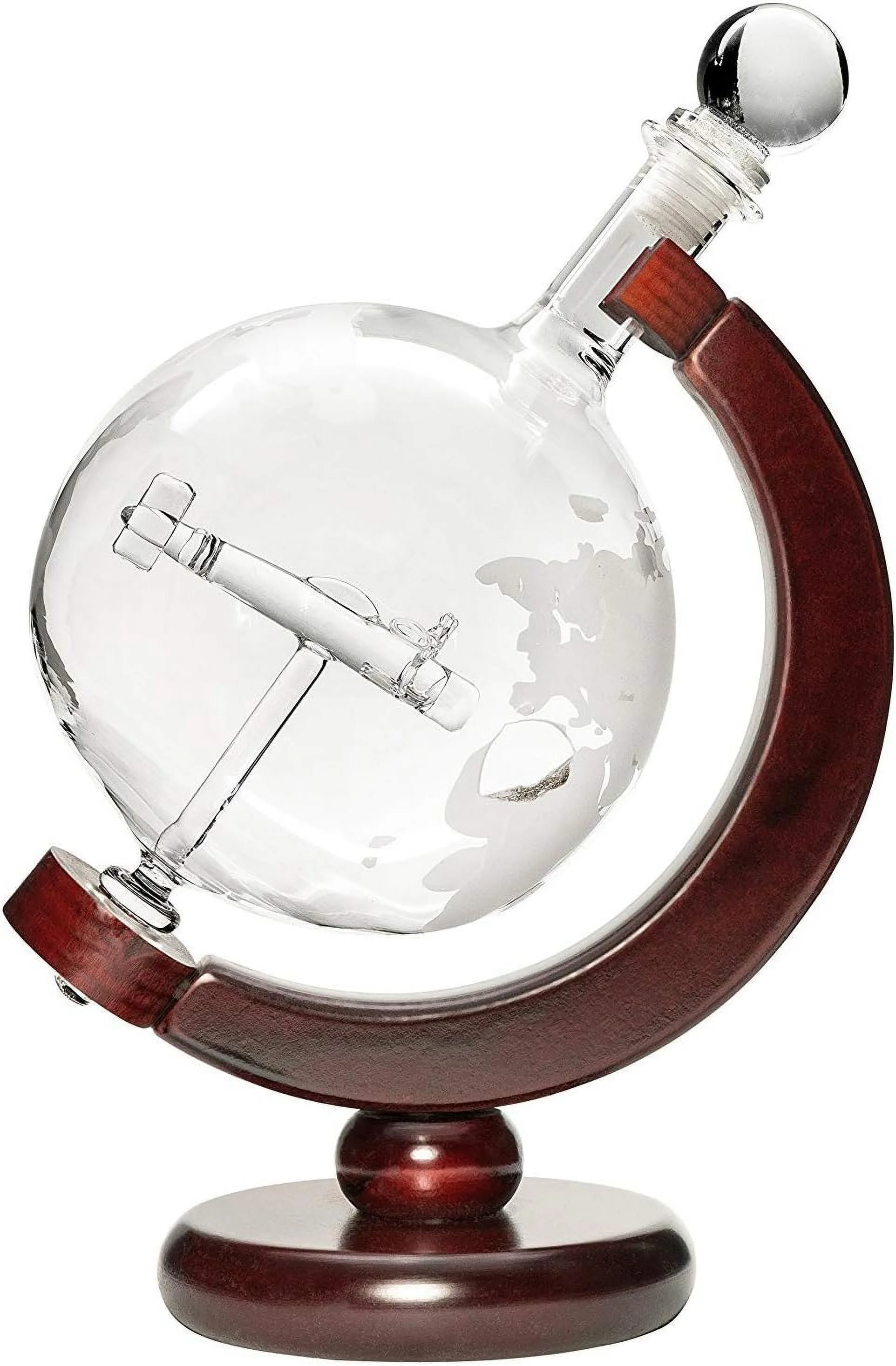 Large 50 Oz 'Plane' Handmade Whiskey Liquor Etched Globe Decanter Set With Wooden Stand, 2 Globe Glasses And Bar Funnel