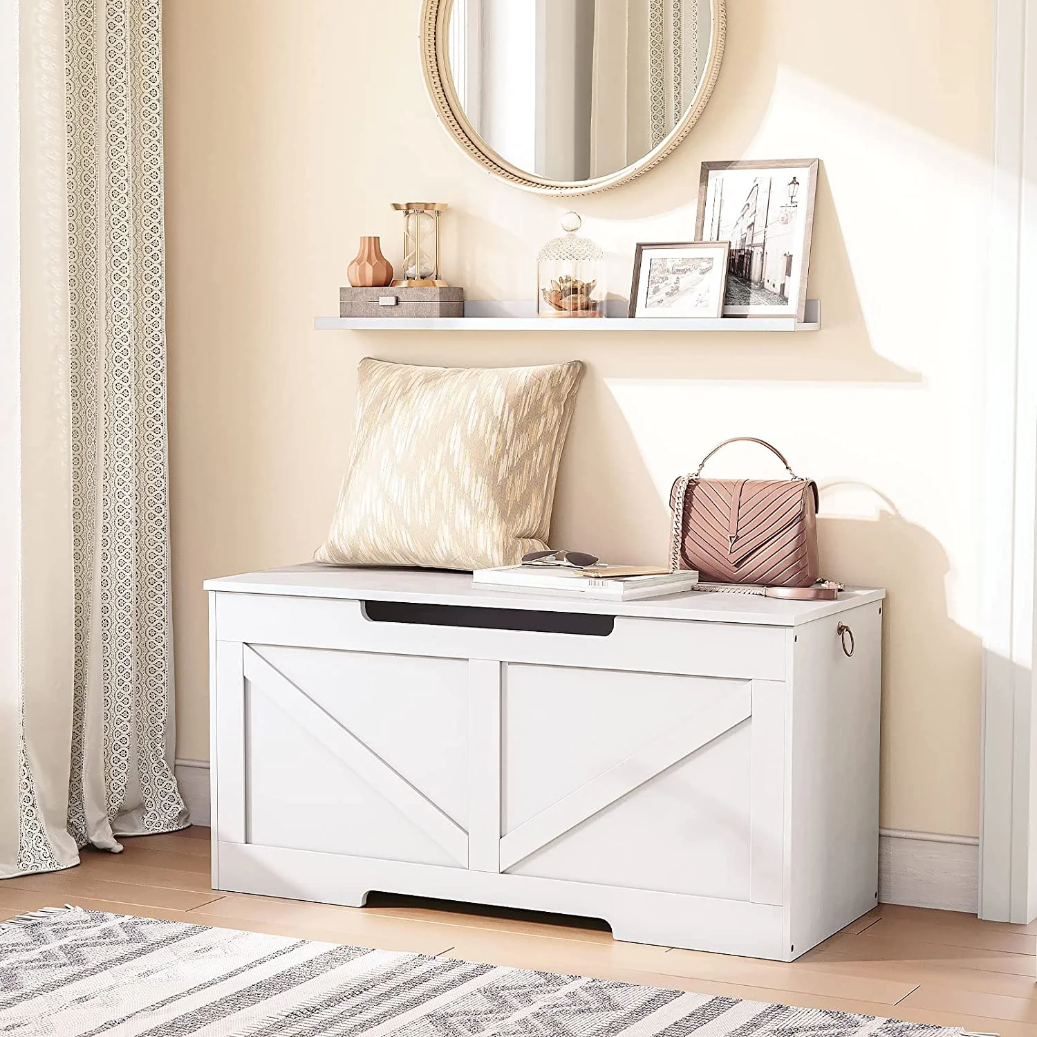 Storage Bench, 39.4” Retro Wooden Storage Chest with U-Shaped Cut-Out Pull, Safety Hinge, Supports 220 lb and Easy Assembly for Toy Box Organizer (White) WT771CW01