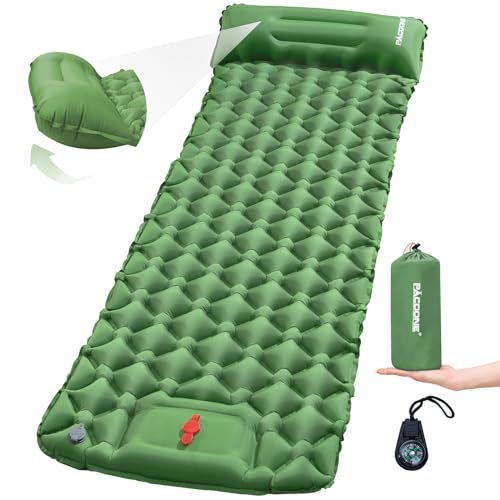 Camping Sleeping Pad with Compass, Ultralight Inflatable Sleeping Mat with Pillow, Built-in Foot Pump, Portable Camping Air Mattress for Backpacking Hiking Traveling Tent (Blue)