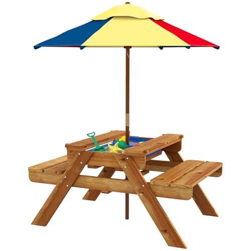 Outsunny Kids Picnic Table with Foldable Umbrella, 3 in 1 Sand and Water Activity Table with 2 Play Boxes, Removable Top, Outdoor Convertible Wooden Table & Bench Set for Patio, Backyard, Natural