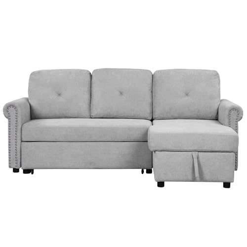 L Shaped Convertible Sleeper Sectional Sofa w/Storage Chaise Lounge & Pull-out Bed, Velvet Upholstered Couch with Nail-head Trim for Living Room, Home, Apartment, Gray