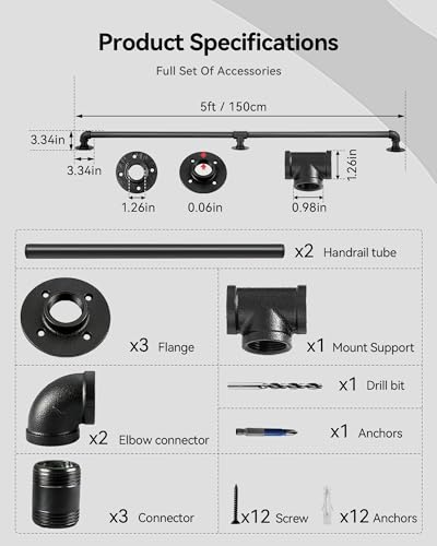 Wall Handrail 4ft for Stairs Steps,Metal Staircase Handrail,Black Galvanized Industrial Iron Hand Rail for Indoor & Outdoor Wall Mount Support,Iron Banister Rail, Safety Grab Handle