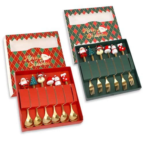 12pcs Christmas Spoons and Fork Set, Gold Christmas Stainless Steel Cutlery With Gift Box, Xmas Style Coffee Spoon Stirrer Utensils, Dessert Spoon Forks Set Flatware for Dinner, Holiday Party