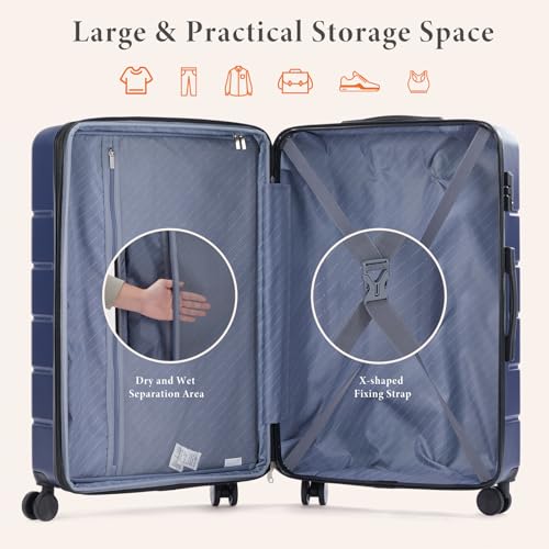Sweetcrispy Carry on Luggage, Hard Shell ABS, Double Spinner Wheels Lightweight Suitcase TSA Lock, Navy Blue, 24 Inch