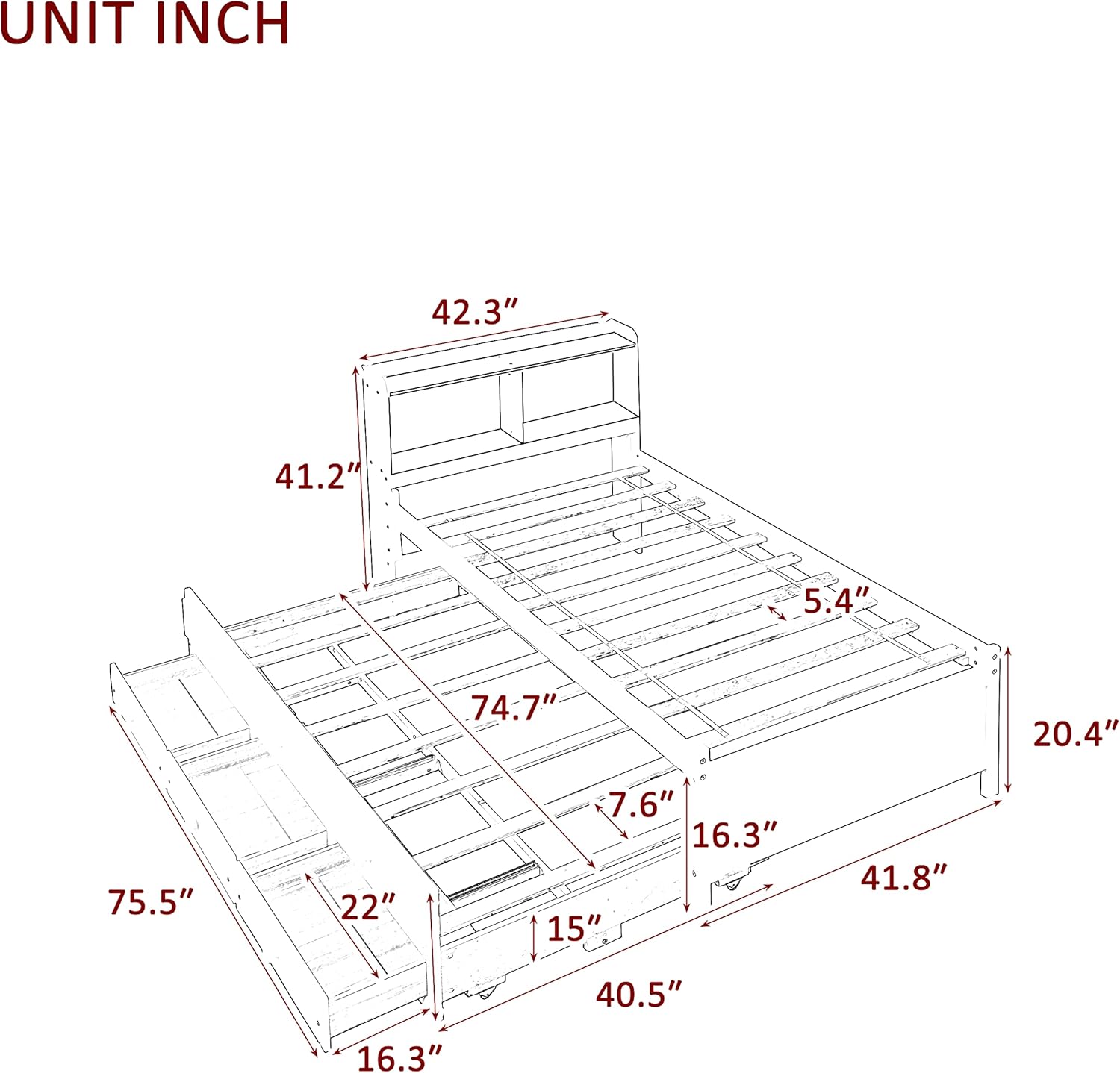 Twin Captain’s Bed with Bookcase Headboard, Wood Twin Size Bed Frame with Trundle and 3 Drawers for Kids, Teens, Adults, Espresso