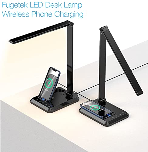 Fugetek LED Desk Office Lamp with Wireless Charger & USB Charging Port, Touch Control, 5 Lighting Modes, 30/60 Min Auto Timer, Eye-Caring, Dimmer, Black