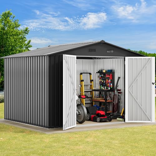 DWVO 10x8ft Metal Outdoor Storage Shed, Waterproof Tool Shed Heavy-Duty Storage Unit with Lockable Door and Vents, Ideal for Bicycles, Tools, Lawnmowers, Backyards, Patios, Lawns - Dark Gray
