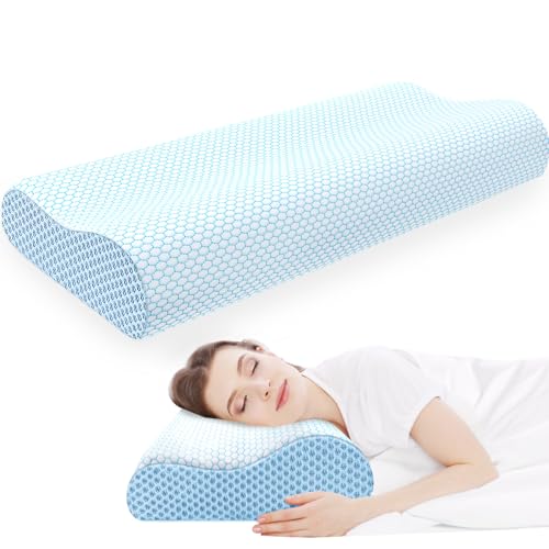 Neck Pillow for Sleeping, Ergonomic Cervical Neck Pillow for Neck Pain Relief, Memory Foam Pillow fit Neck Contour, Bed Pillow for Side Back Stomach Sleepers (Blue, Standard Size)