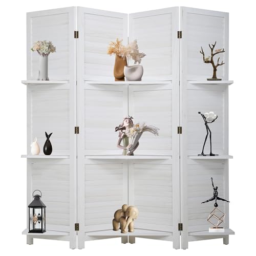 FDW 4 Panel Room Divider Folding Privacy Wooden Screen with Three Clever Shelf Portable Partition Wood Divider for Home Office, White