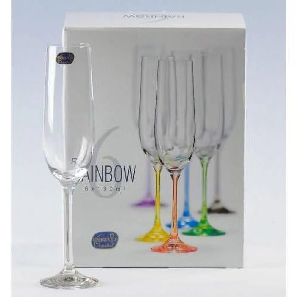 Bohemian Crystal Rainbow Set Of 6 Champagne Flutes Crystal Glasses 6.5 Oz Each Stem Different Color Czech Republic - LEAD By